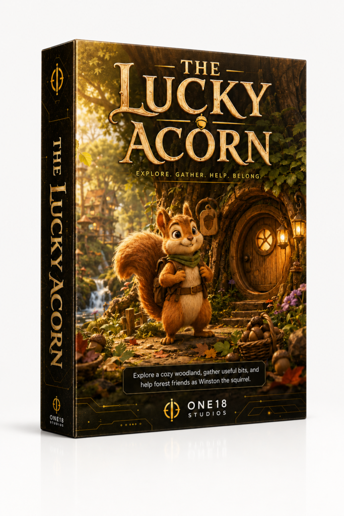 The Lucky Acorn game box art showing Winston the squirrel outside a cozy woodland home.