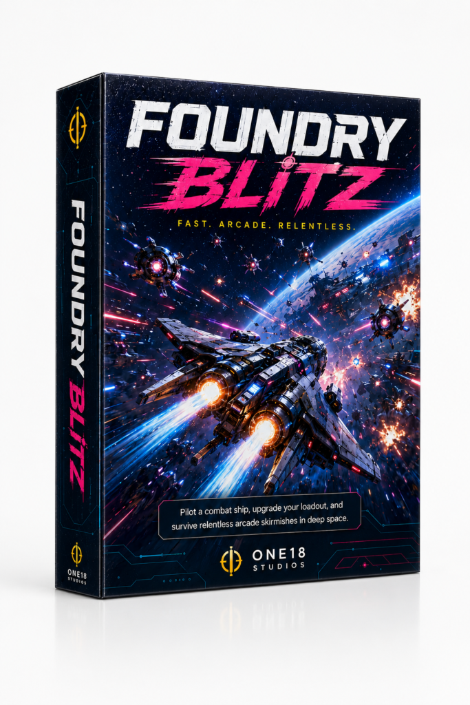 Foundry Blitz game box art showing an arcade combat ship flying through deep-space battle.