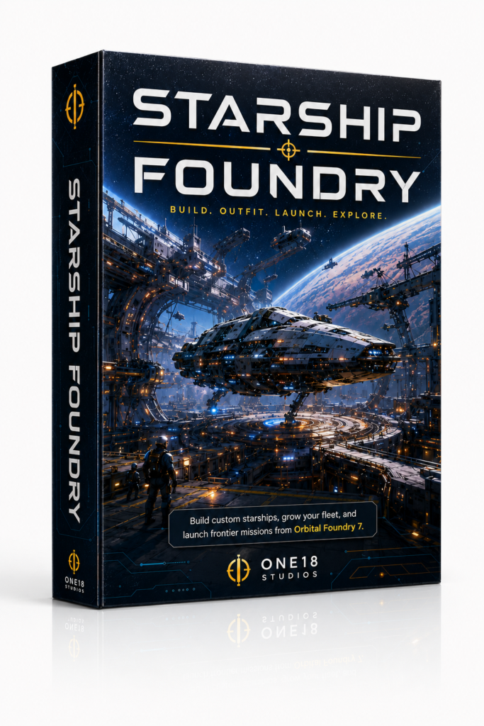 Starship Foundry game box art showing a custom starship inside Orbital Foundry 7.