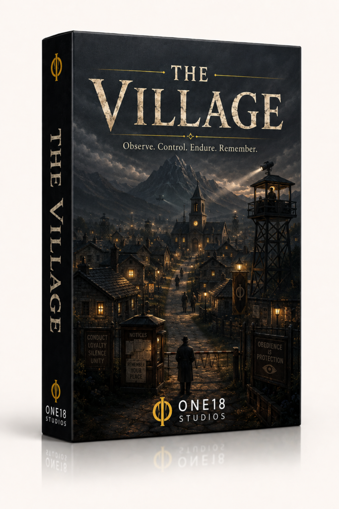 The Village game box art showing a controlled community under surveillance.